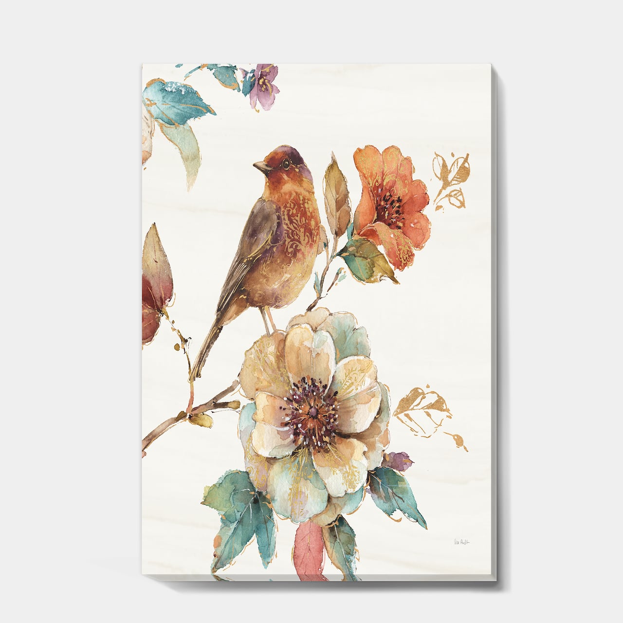 Designart - Farmhouse Bird on Flower Branch - Traditional Premium Canvas Wall Art